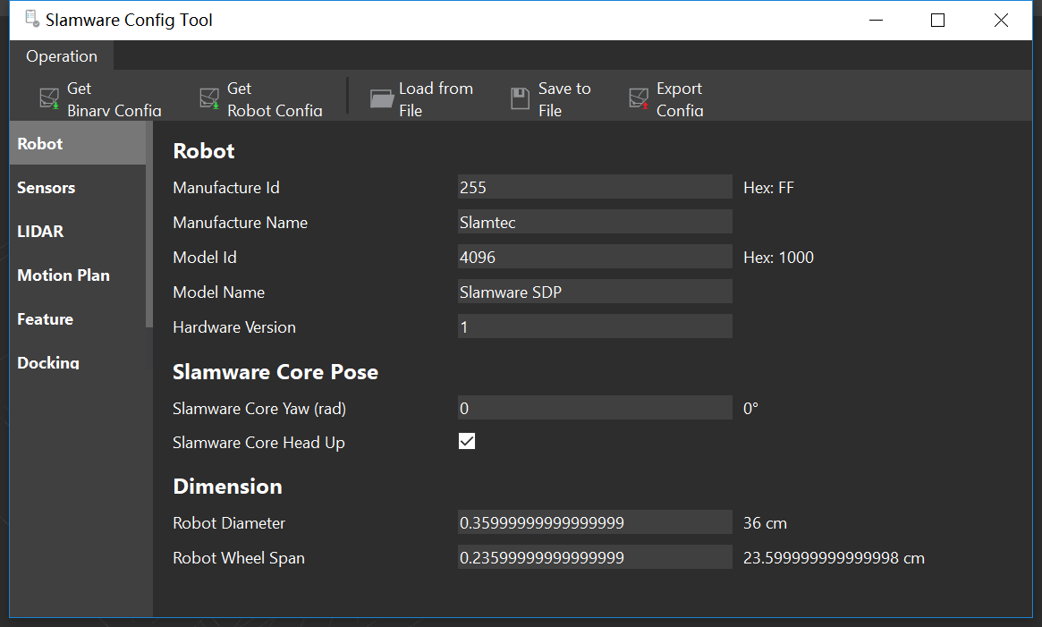 在左侧的Robot 界面中，可以进行机器人基本参数的配置，包含Robot, Slamware Core Pose 以及Dimension三部分，其中Robot部分内容与机器人行为无关，可以不做配置，保留默认即可。